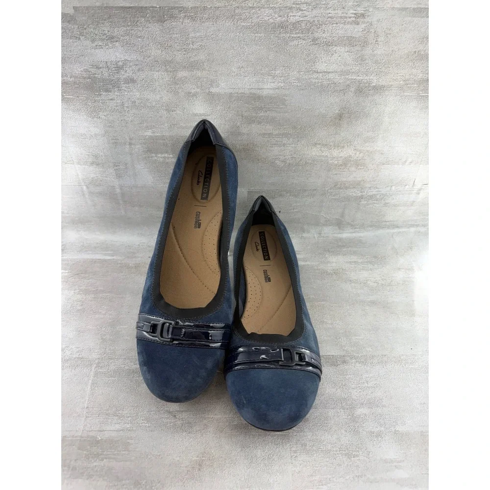 Clarks Collection Navy Blue Suede Patent Buckle Ballet Flats Women Sz 9.5 M